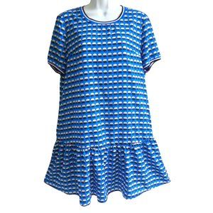Dior SiLK Blue Printed Dress Knit Crewneck Cuffs Ruffle Hem Sporty Stretch Italy